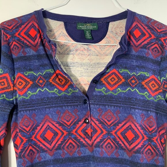 Womens Vintage LRL 1/2 Button Aztec Print Tee Shirt Long Sleeve XS Blue Red Gree - Picture 3 of 3